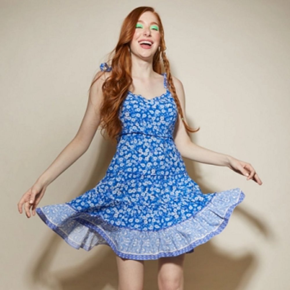 **Host Pick** NBW Blue Floral Print Tie Back Ruffled Tier Dress